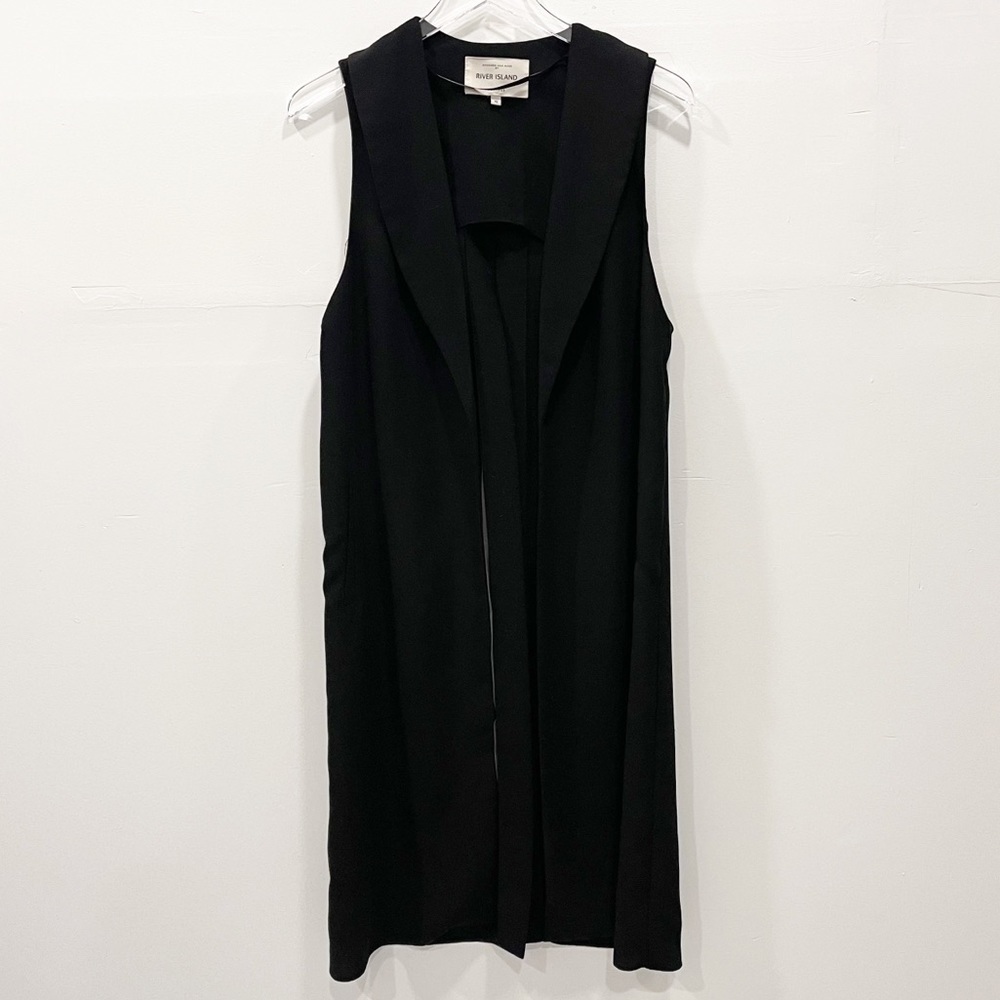 River Island Black Long Split Back Conductor Vest Jacket Size 10